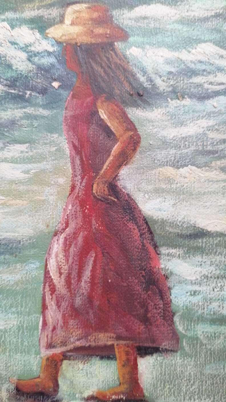 ORIGINAL: W.James - Oil canvas Painting - "Girls on the shores of the beach"