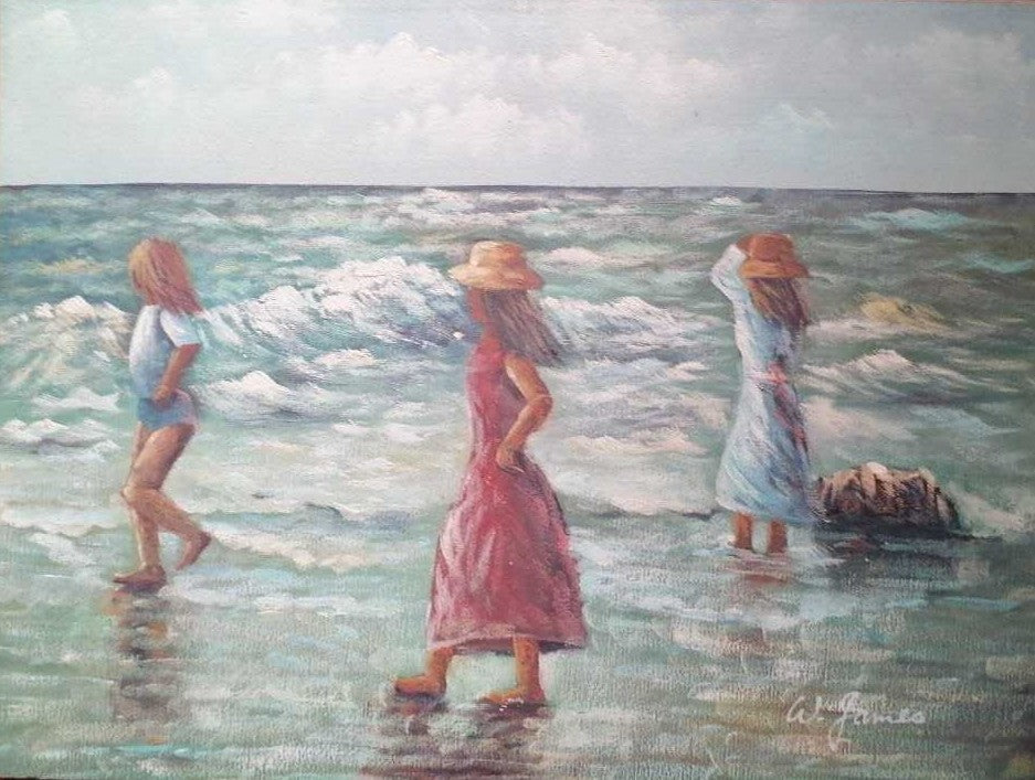 ORIGINAL: W.James - Oil canvas Painting - "Girls on the shores of the beach"