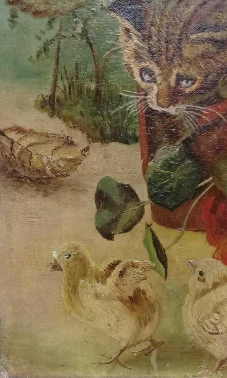 Painting Canvas Scene CAT & BIRD / Oil Artwork signed : 1912 - Very rare 