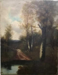 ORIGINAL Oil canvas painting : Landscape , Signed 1893 - Very rare / Style Corot