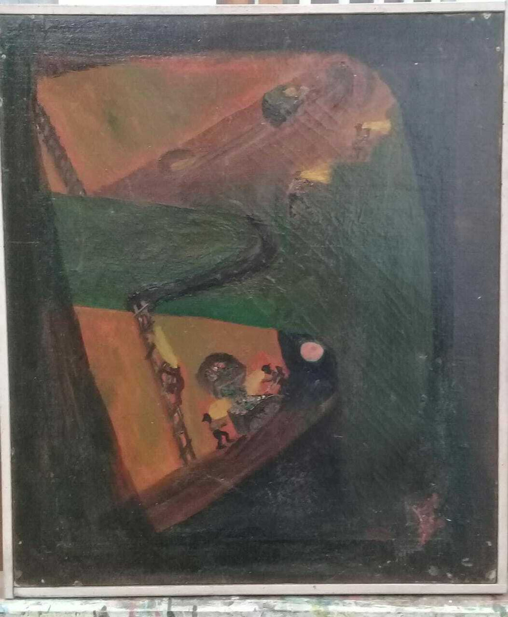FINE Antique Painting Oil Canvas / "Miners going down the galleries of a mine" 