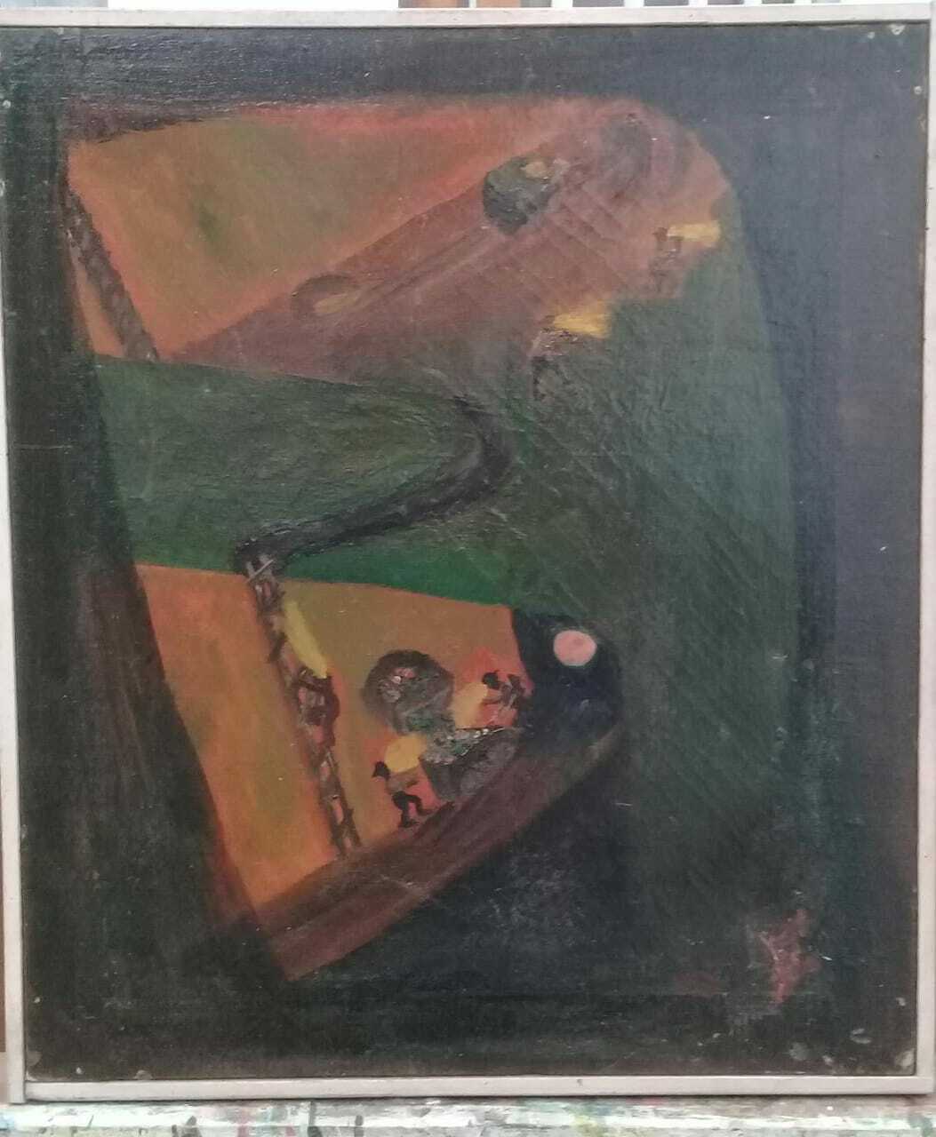 FINE Antique Painting Oil Canvas / "Miners going down the galleries of a mine" 