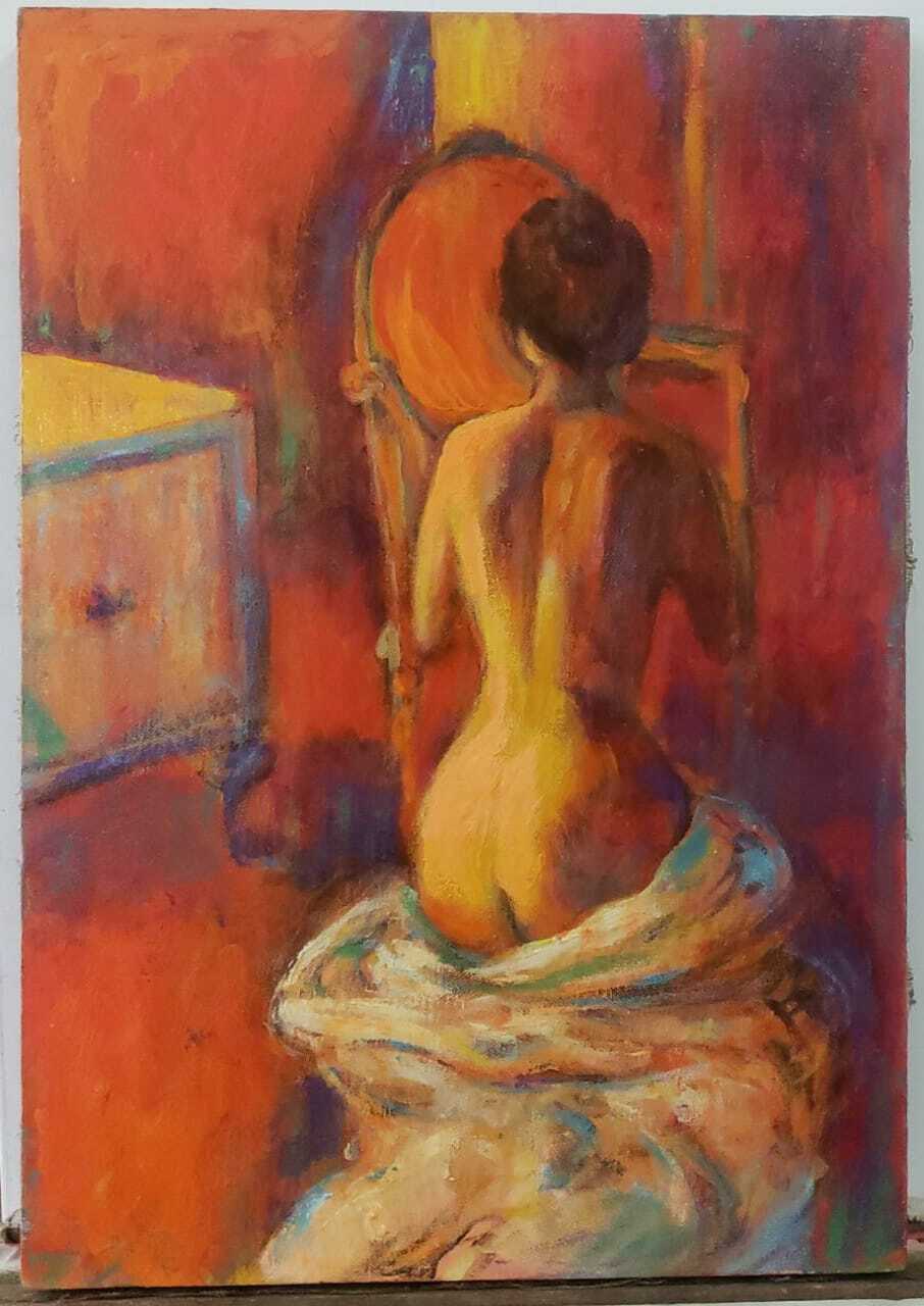 FINE Oil painting Nude - " Woman naked on his back" Nice Piece - Vintage