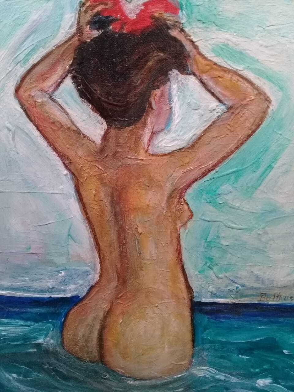 FINE Amazing Oil canvas signed: Balthus / woman bathing on the beach