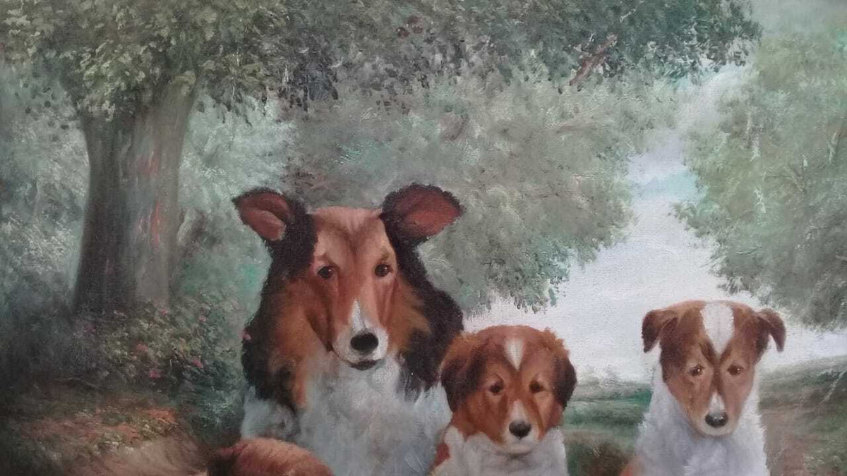 Family of Collies - Oil Canvas painting "Magic Realism" 1990