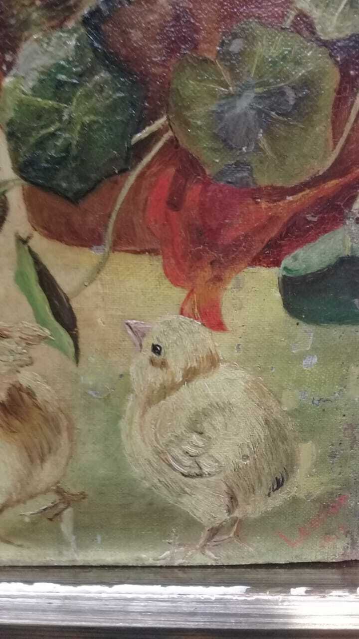 Painting Canvas Scene CAT & BIRD / Oil Artwork signed : 1912 - Very rare 