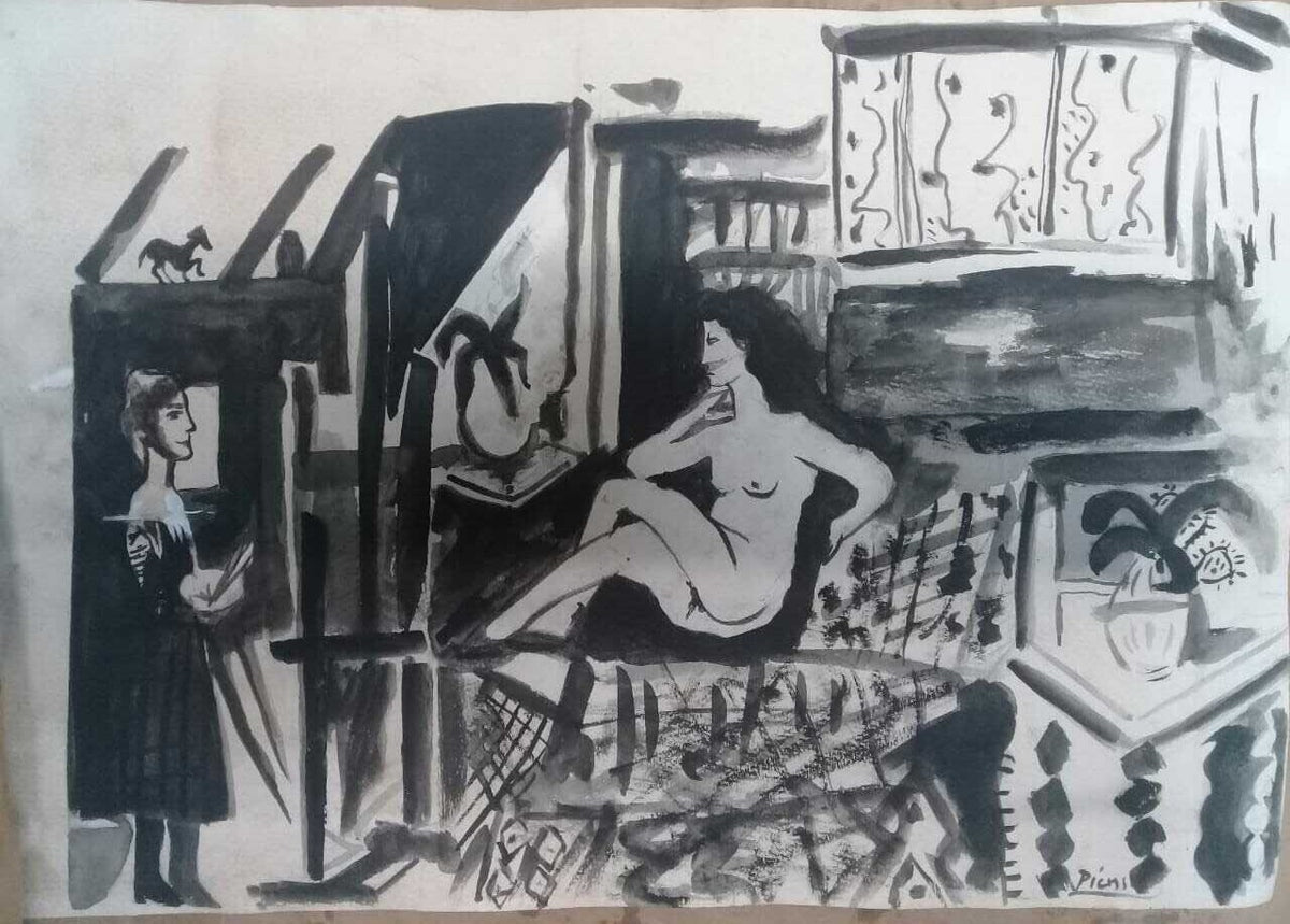 Antique Ink Painting - Signed: Picasso / Attributed to spanish master / A1