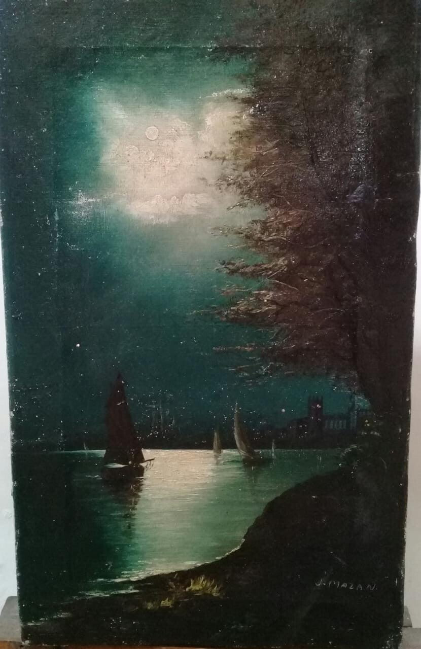 Contemporary master J. Maza / Oil Canvas / Signed / "Night & Sea with the Moon"