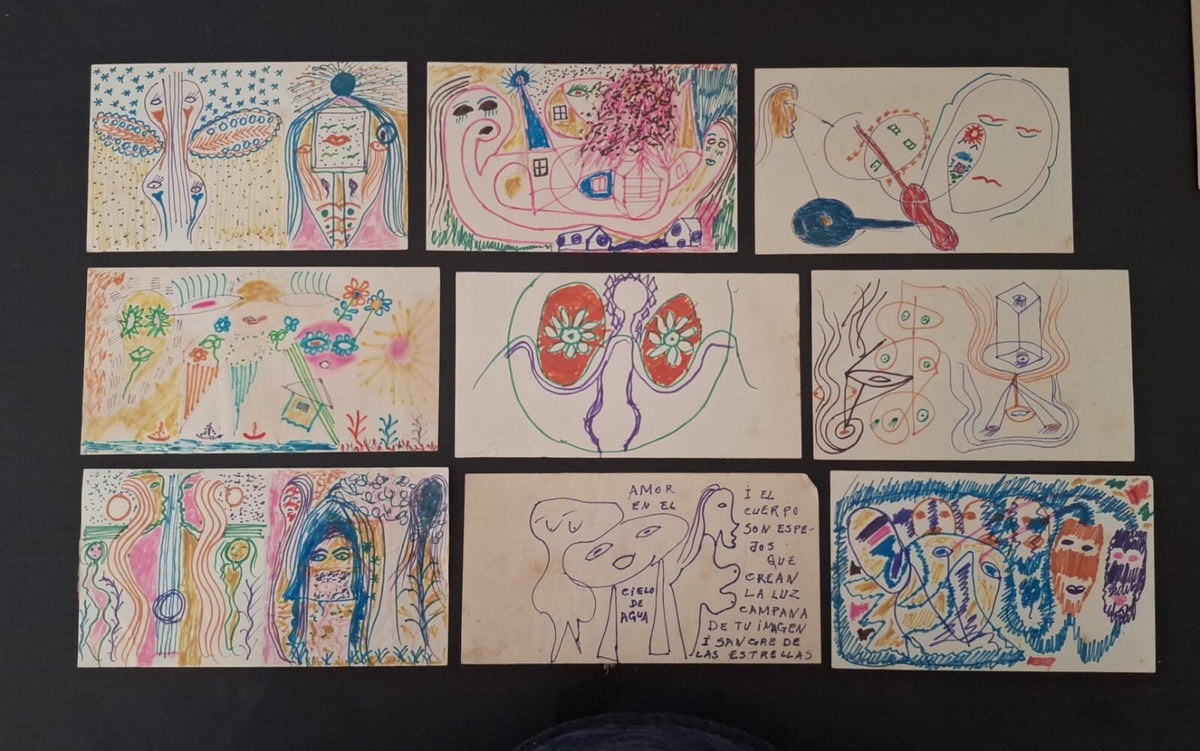 Fine Pens on cardboard paper 1980s / Lot 9 pieces unframed