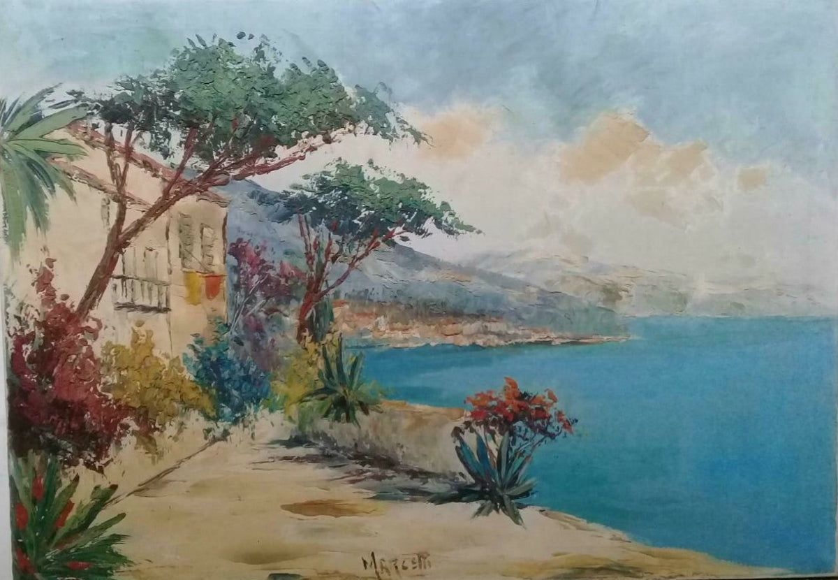 FINE European Antique Oil Canvas Painting / French Coast - Signed : Marcelli 