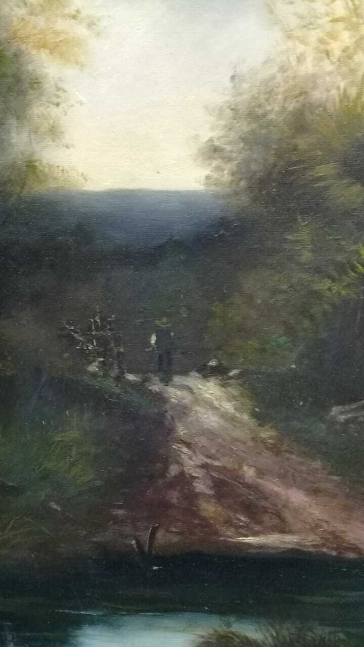 ORIGINAL Oil canvas painting : Landscape , Signed 1893 - Very rare / Style Corot