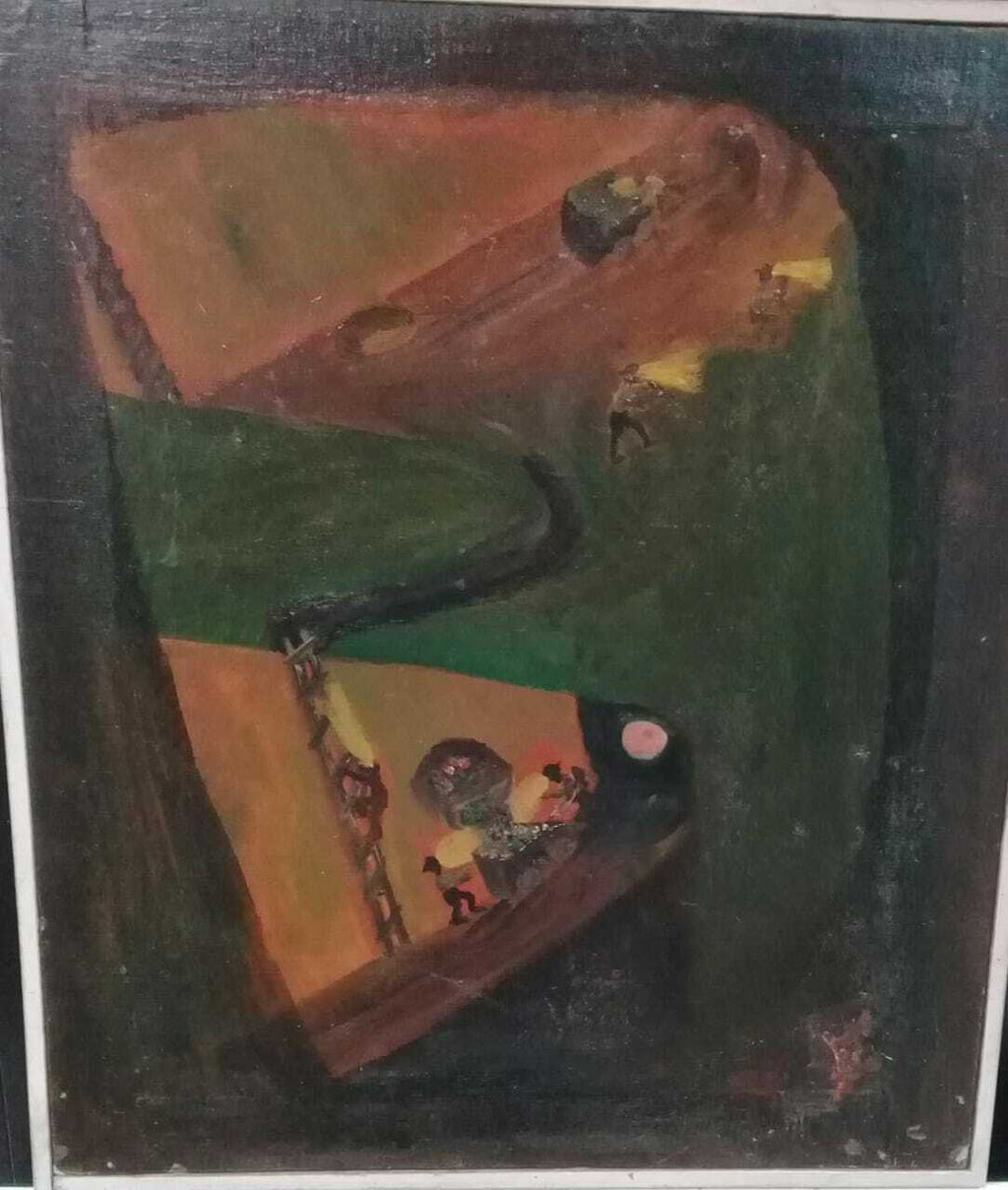 FINE Antique Painting Oil Canvas / "Miners going down the galleries of a mine" 