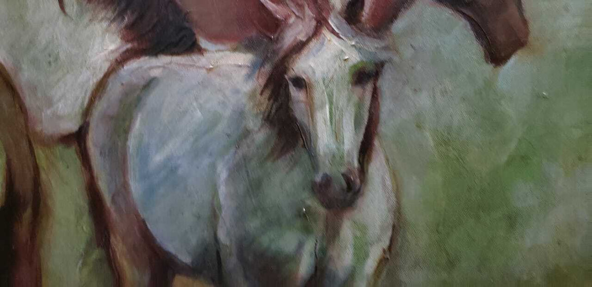 Oil Canvas Painting "Horses" / Spanish  1984 Signed - COA
