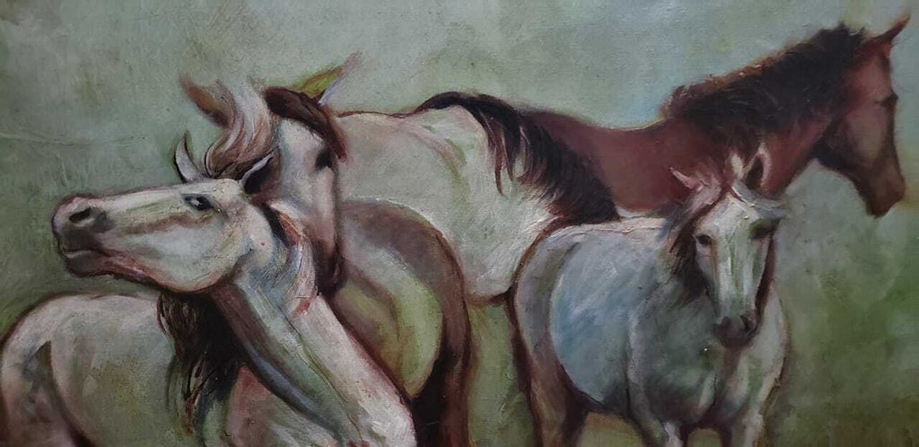Oil Canvas Painting "Horses" / Spanish  1984 Signed - COA