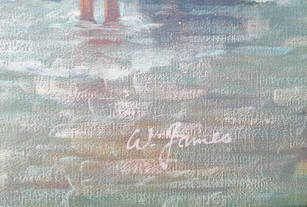 ORIGINAL: W.James - Oil canvas Painting - "Girls on the shores of the beach"
