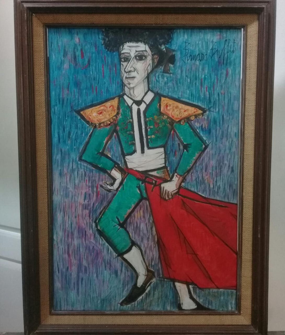 Style of Bernard Buffet - Oil Canvas " Toreador" Portrait 1989 Signed