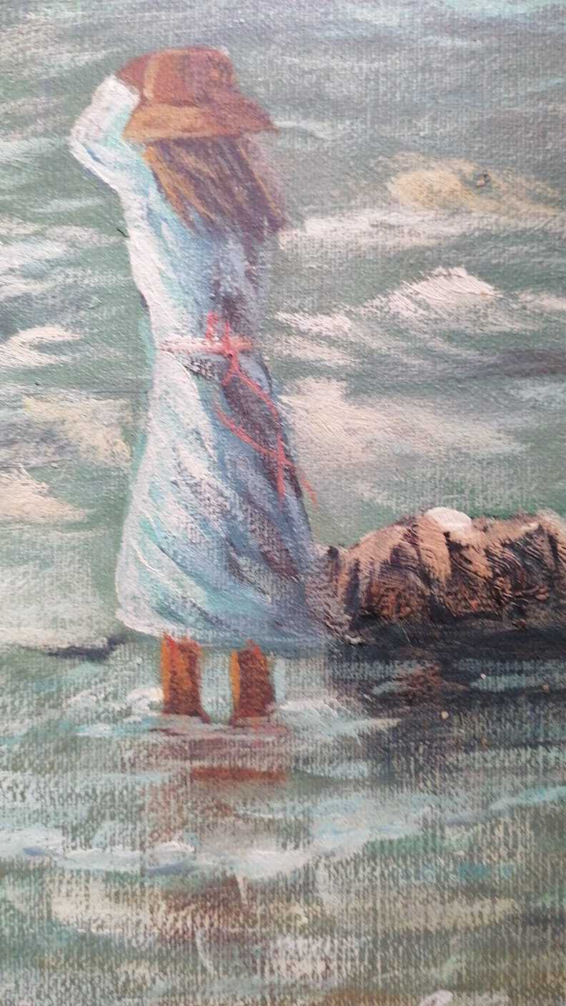 ORIGINAL: W.James - Oil canvas Painting - "Girls on the shores of the beach"