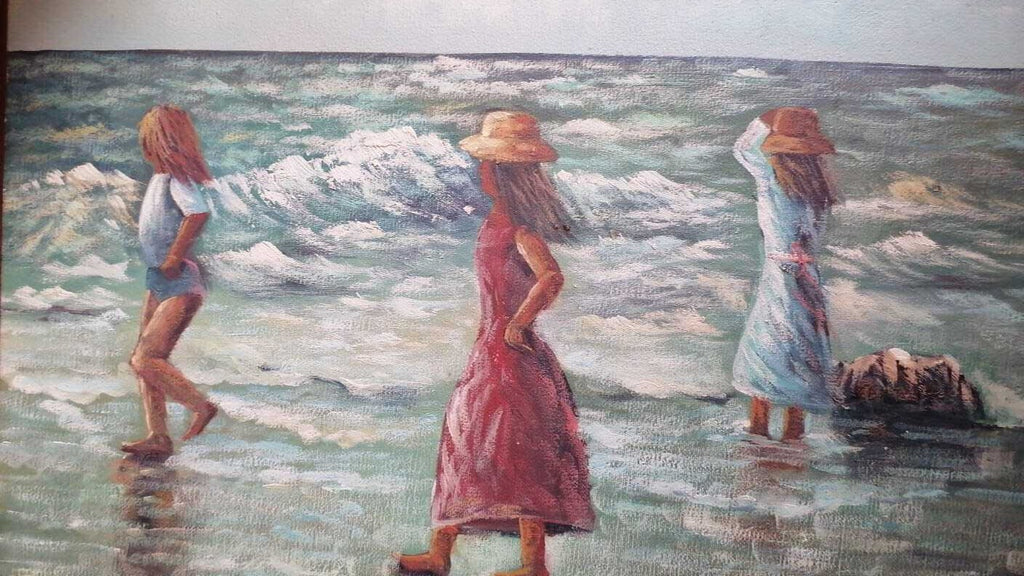 ORIGINAL: W.James - Oil canvas Painting - "Girls on the shores of the beach"