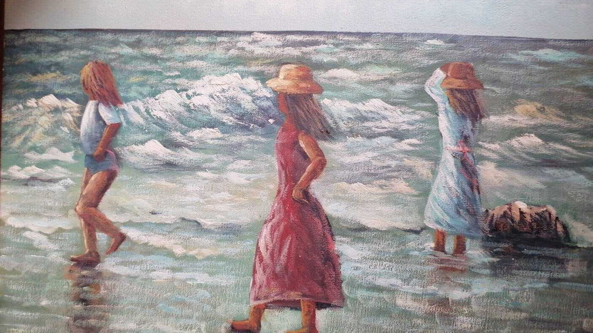 ORIGINAL: W.James - Oil canvas Painting - "Girls on the shores of the beach"