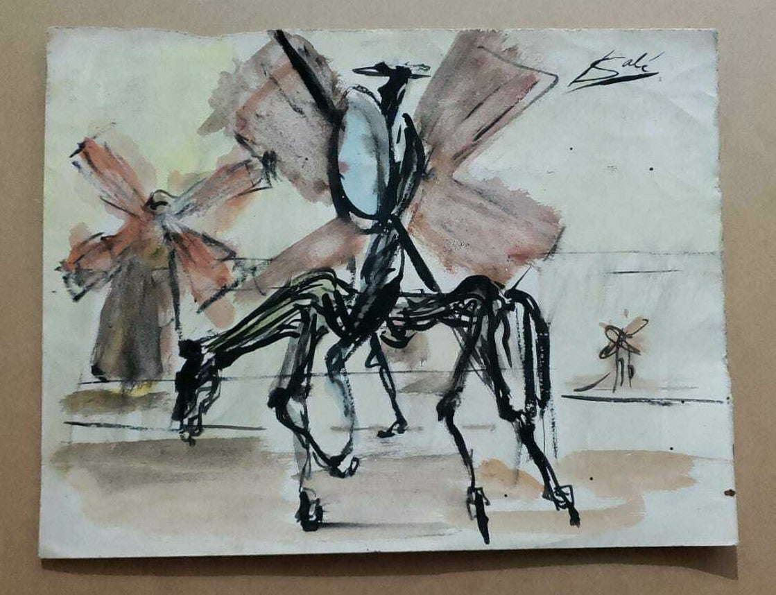 Super Rare - After Dalí - Rare Quichotte / Wash Painting on Paper / Signed 