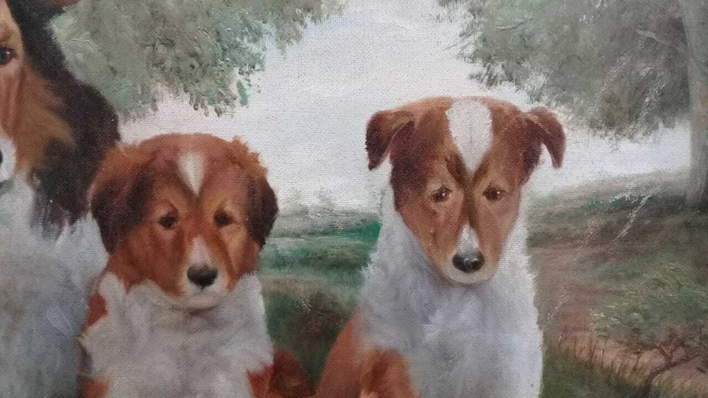 Family of Collies - Oil Canvas painting "Magic Realism" 1990