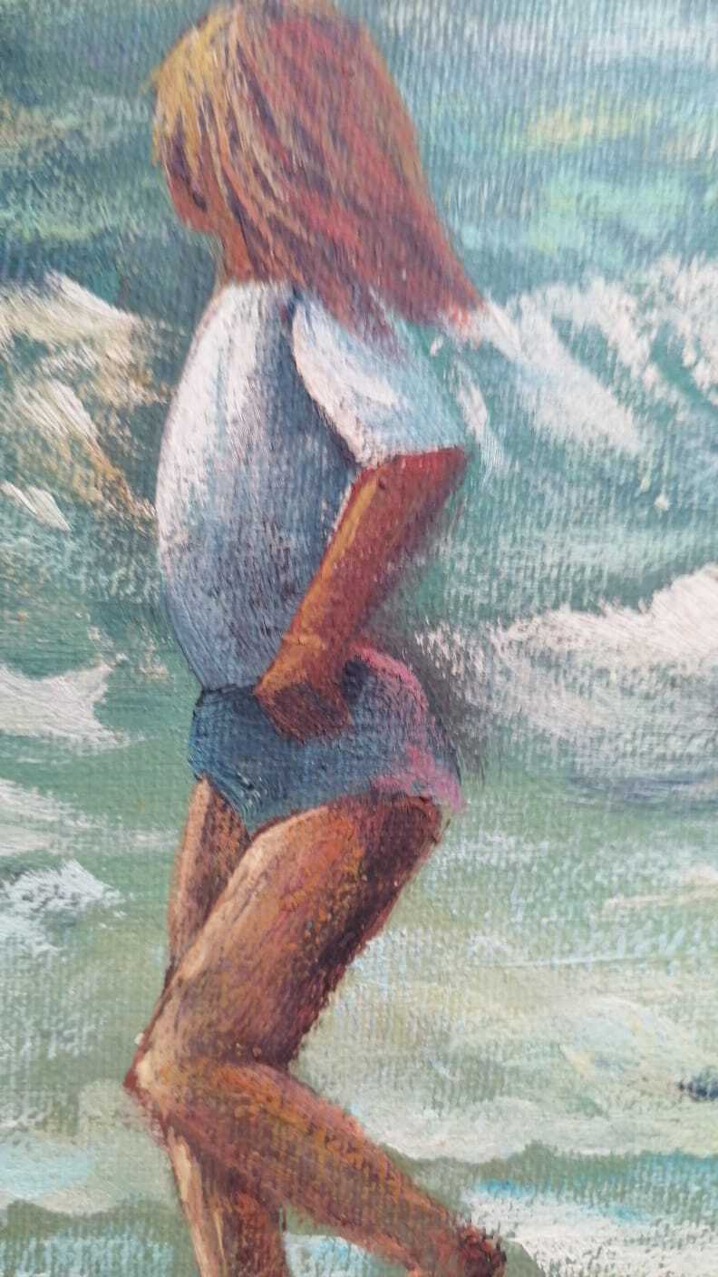 ORIGINAL: W.James - Oil canvas Painting - "Girls on the shores of the beach"