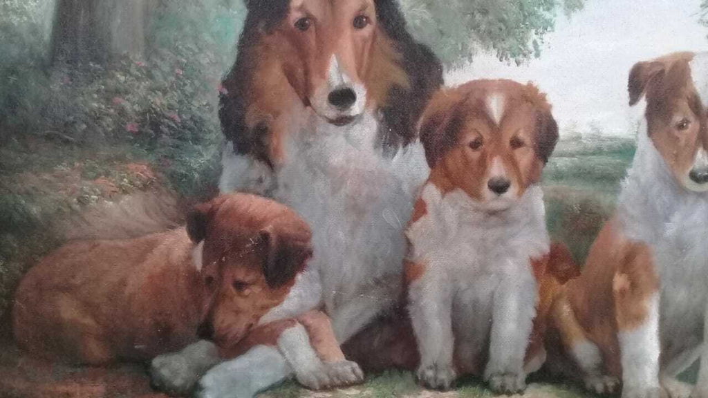 Family of Collies - Oil Canvas painting "Magic Realism" 1990