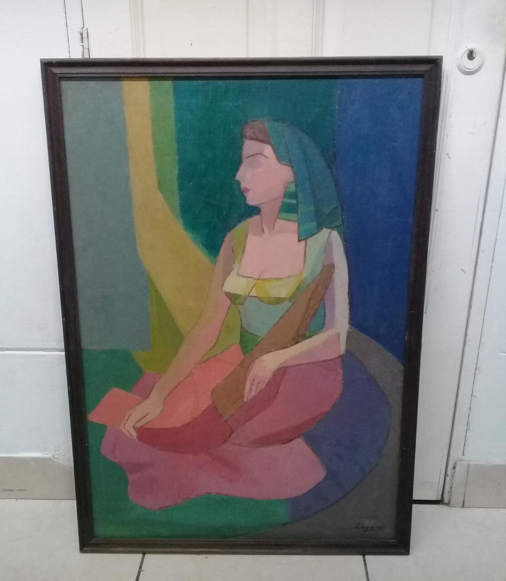Contemporary Fine Cubist "Luis Lizares" Oil Canvas Painting 1970 "Ñusta" UNIQUE