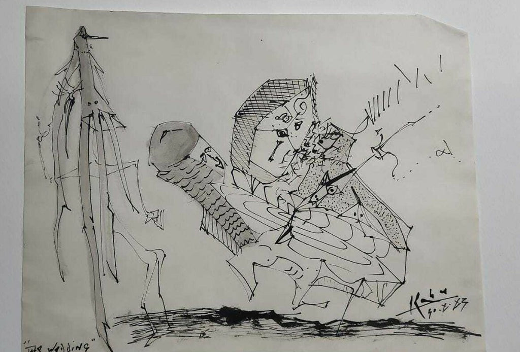 FINE PAINTING : Kahn - 1983 - Ink Drawing on paper / Very rare "The Weddingg"