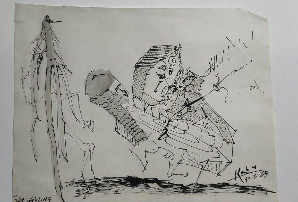 FINE PAINTING : Kahn - 1983 - Ink Drawing on paper / Very rare "The Weddingg"
