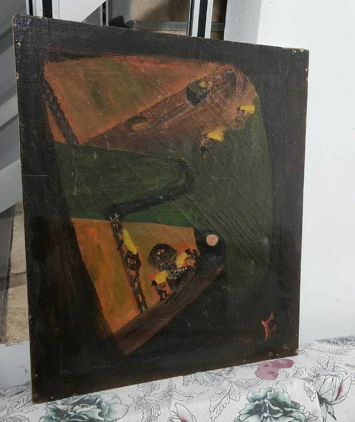 FINE Antique Painting Oil Canvas / "Miners going down the galleries of a mine" 