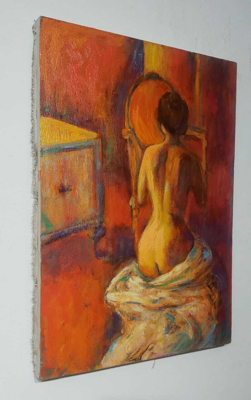 FINE Oil painting Nude - " Woman naked on his back" Nice Piece - Vintage
