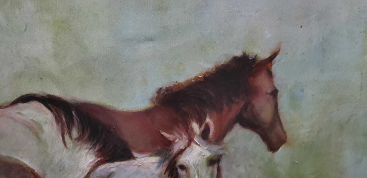 Oil Canvas Painting "Horses" / Spanish  1984 Signed - COA