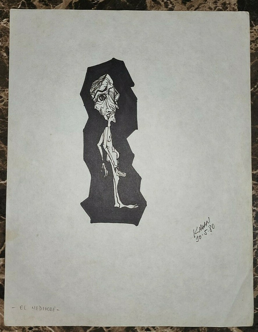 FINE Antique ink painting cardboard signed by Kahn  / "El mediocre" / Amazing