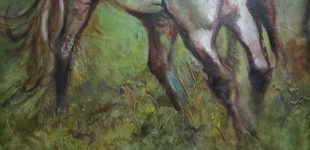 Oil Canvas Painting "Horses" / Spanish  1984 Signed - COA