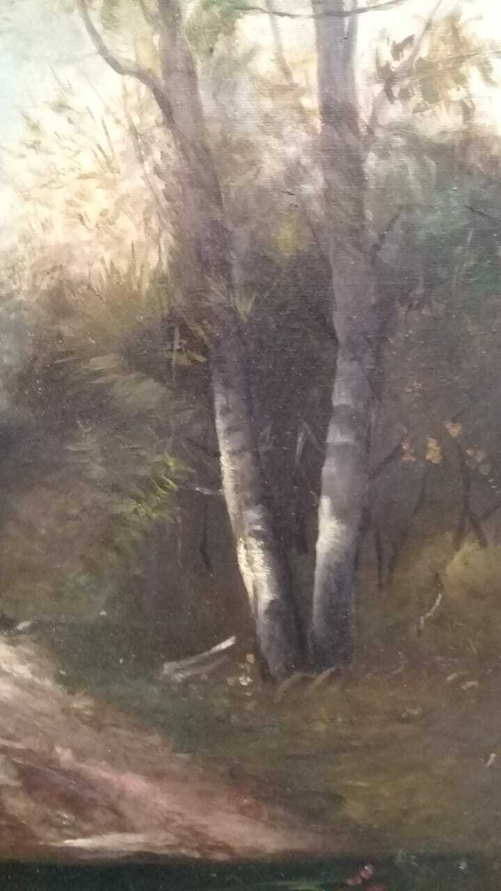 ORIGINAL Oil canvas painting : Landscape , Signed 1893 - Very rare / Style Corot