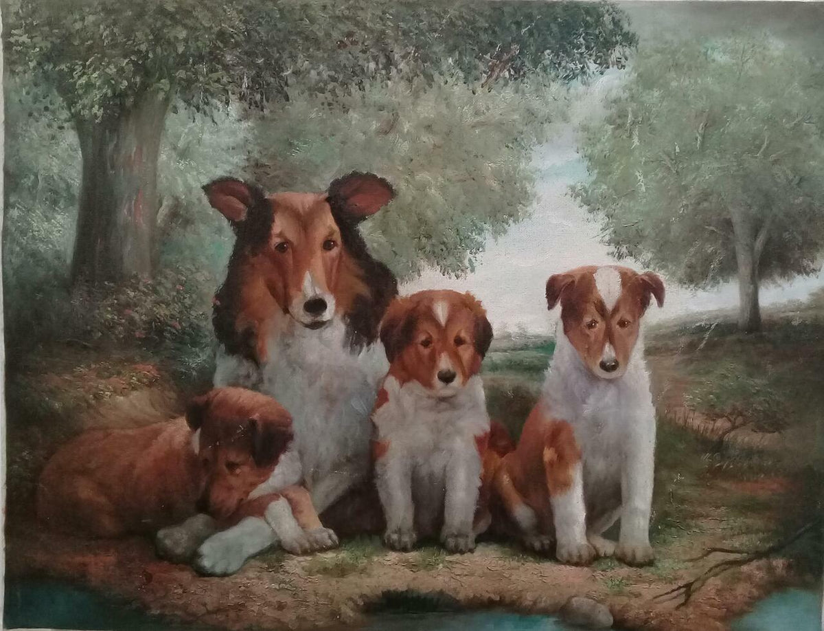 Family of Collies - Oil Canvas painting "Magic Realism" 1990