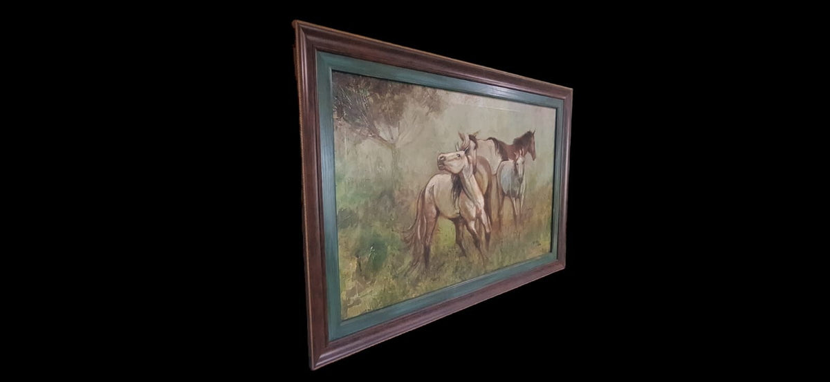 Oil Canvas Painting "Horses" / Spanish  1984 Signed - COA