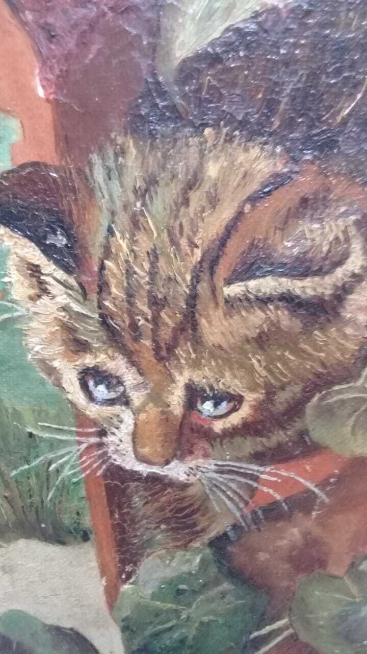 Painting Canvas Scene CAT & BIRD / Oil Artwork signed : 1912 - Very rare 