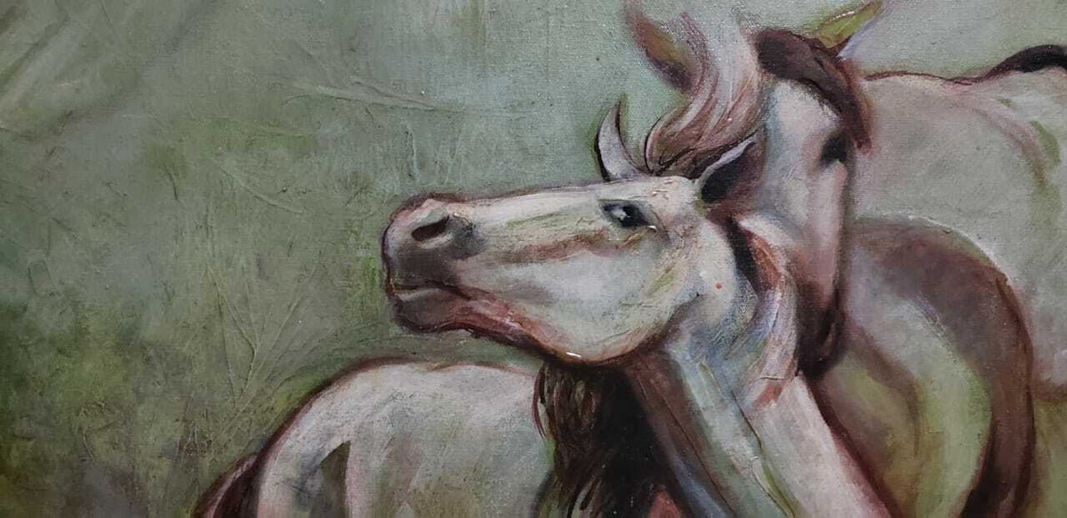Oil Canvas Painting "Horses" / Spanish  1984 Signed - COA