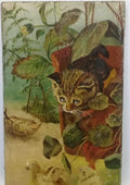 Painting Canvas Scene CAT & BIRD / Oil Artwork signed : 1912 - Very rare 