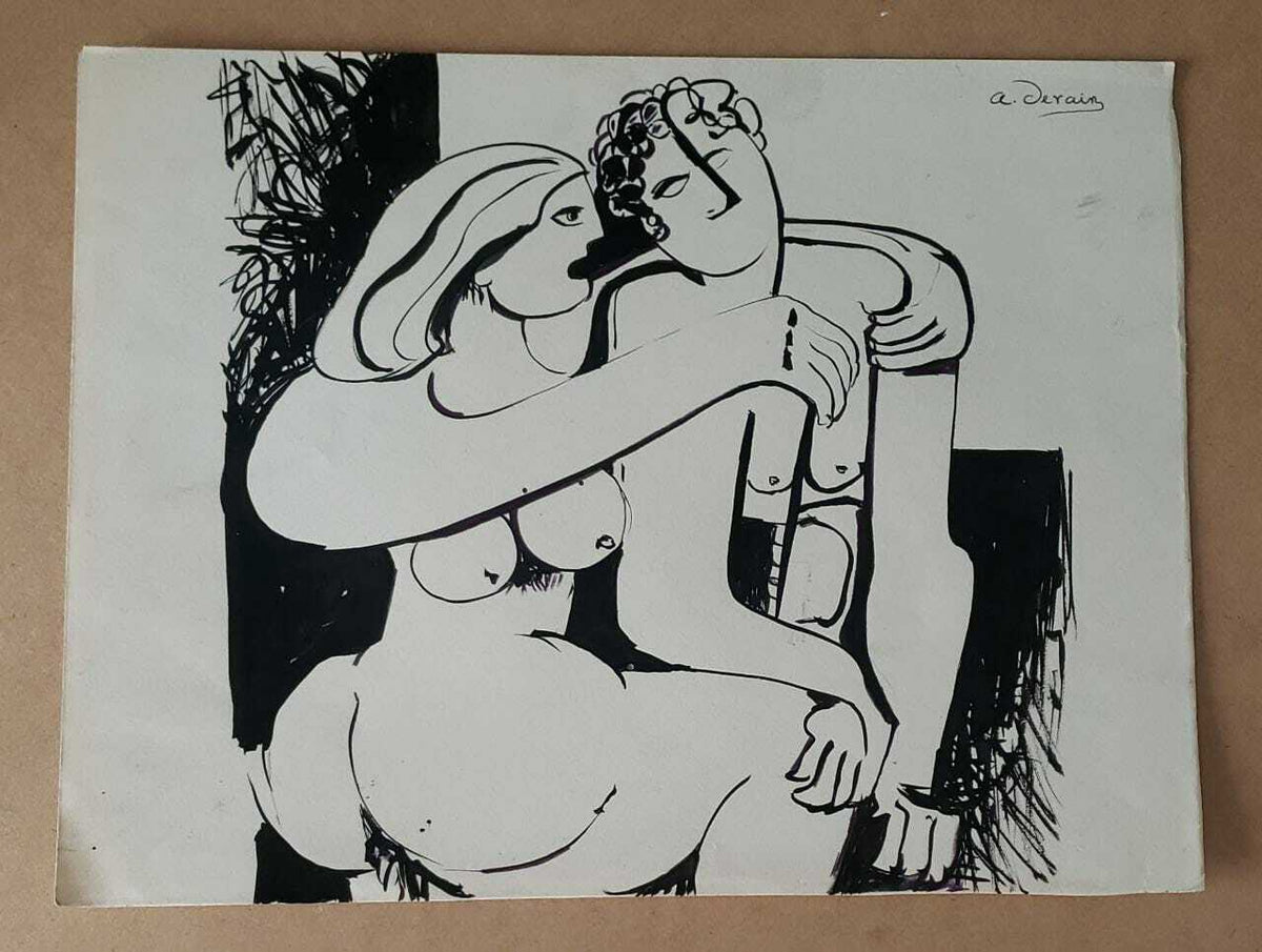 André Derain - Ink Cardboard "Amoureux" 10 x 13 inches / FINE Drawing