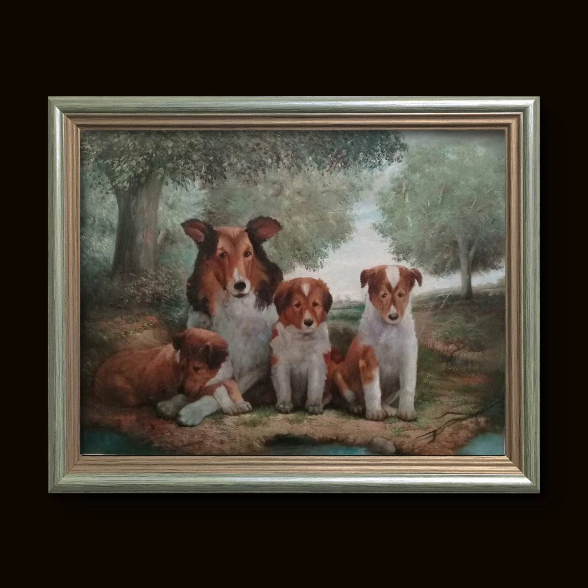 Family of Collies - Oil Canvas painting "Magic Realism" 1990
