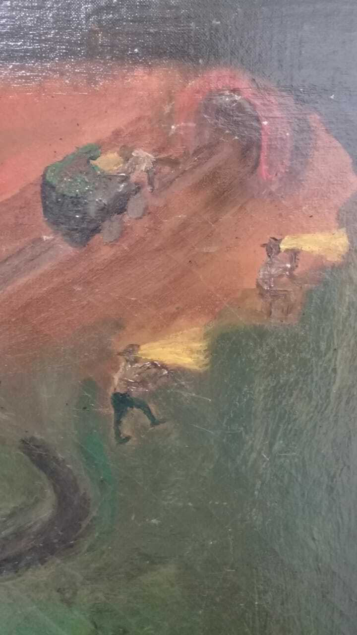 FINE Antique Painting Oil Canvas / "Miners going down the galleries of a mine" 