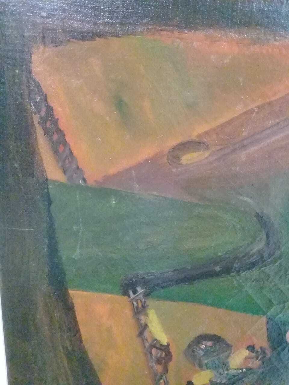 FINE Antique Painting Oil Canvas / "Miners going down the galleries of a mine" 