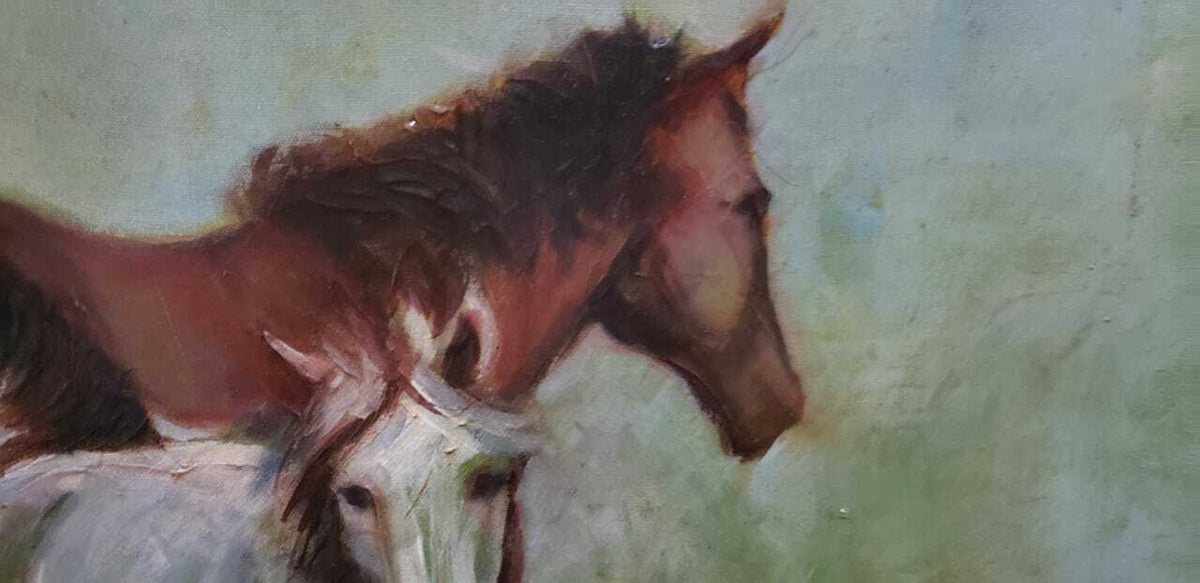 Oil Canvas Painting "Horses" / Spanish  1984 Signed - COA