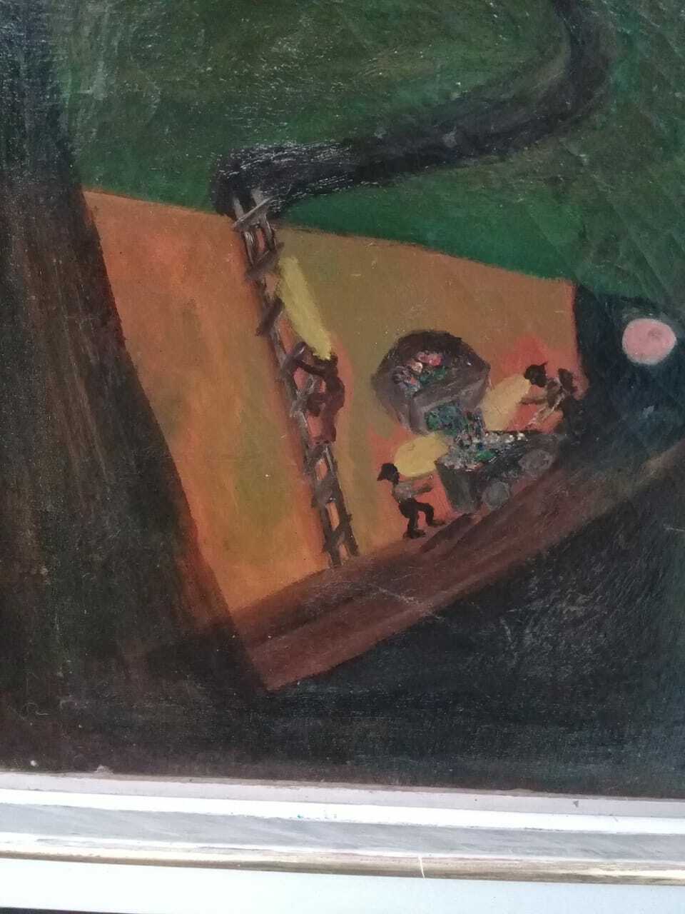 FINE Antique Painting Oil Canvas / "Miners going down the galleries of a mine" 