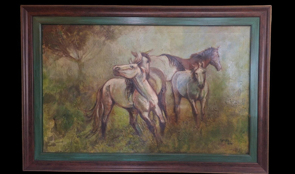 Oil Canvas Painting "Horses" / Spanish  1984 Signed - COA
