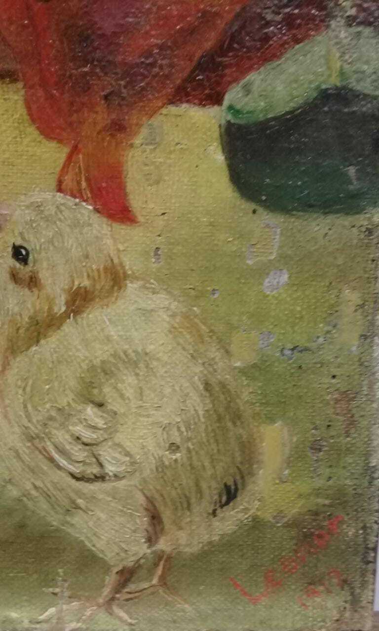 Painting Canvas Scene CAT & BIRD / Oil Artwork signed : 1912 - Very rare 
