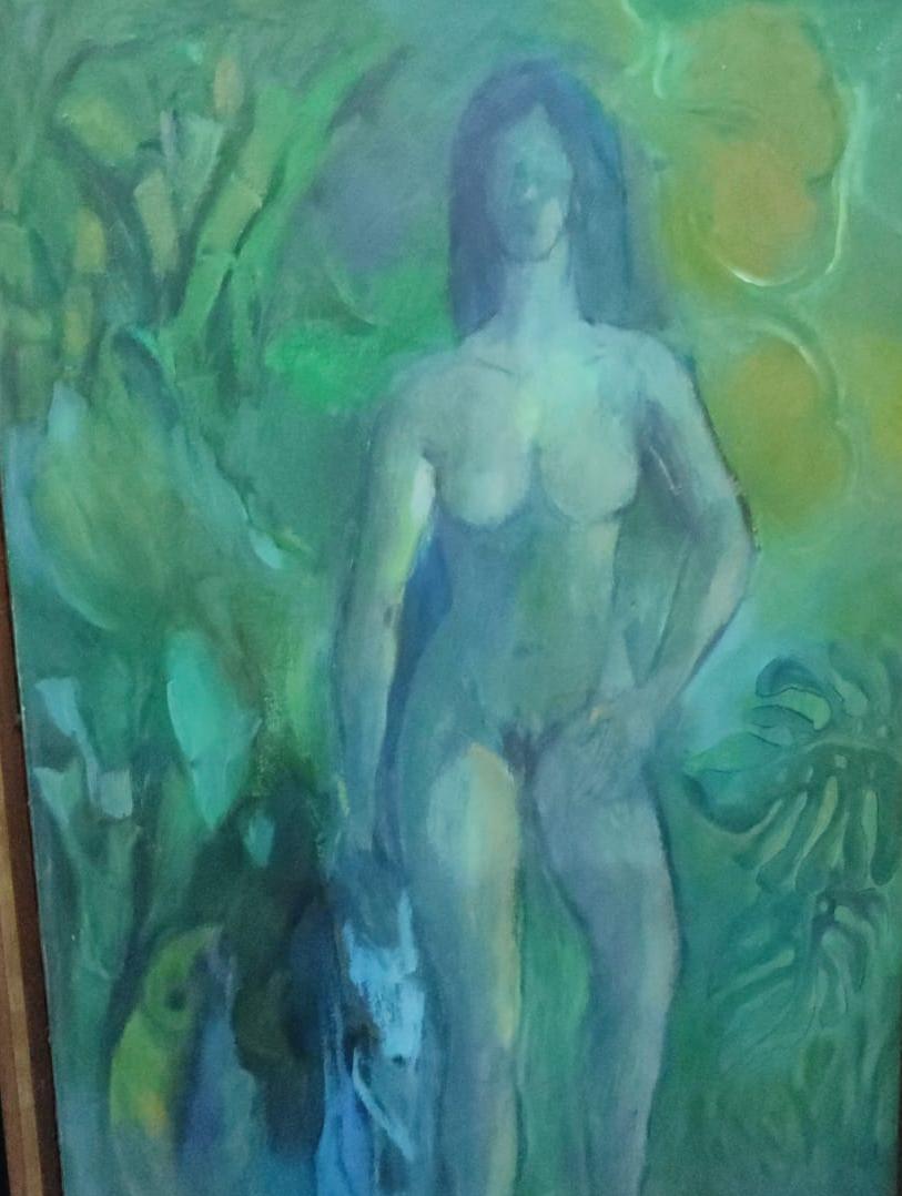 Bettina – Mid‑Century Oil on Canvas: Female Figure with Fish